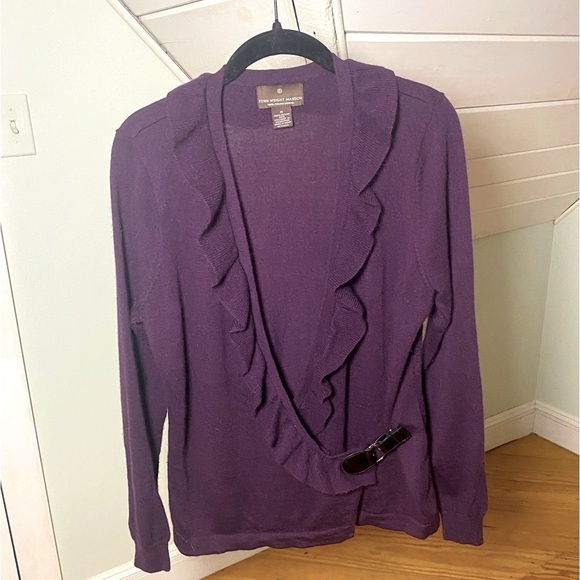 Fenn Wright Manson Sweaters - Fenn Wright Manson 100% Merino Wool Cardigan Ruffles Belt Eggplant Purple